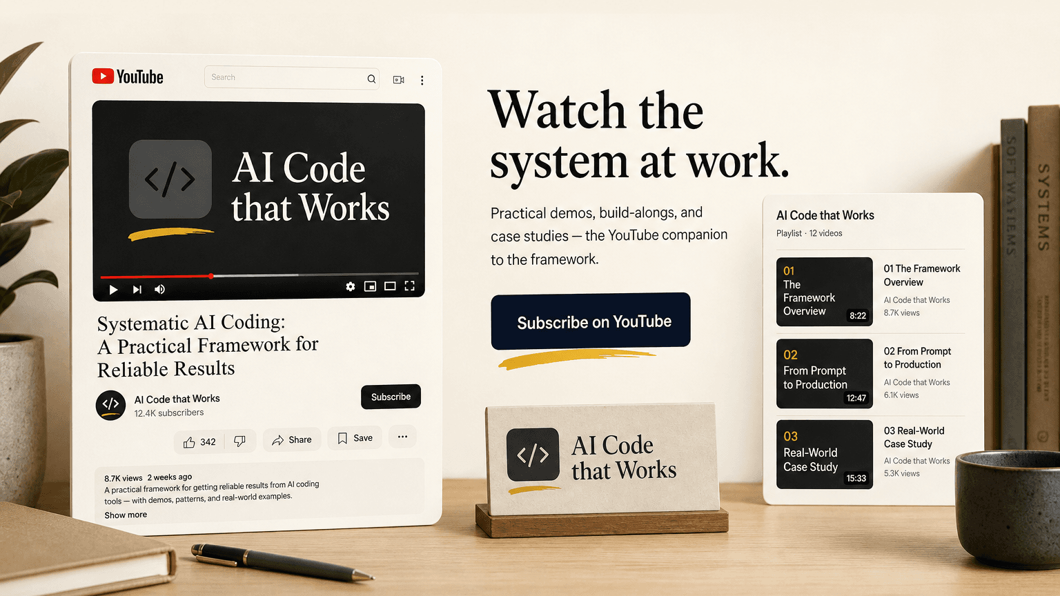A stylized YouTube watch-page mockup showing an AI Code that Works video alongside a playlist of related episodes